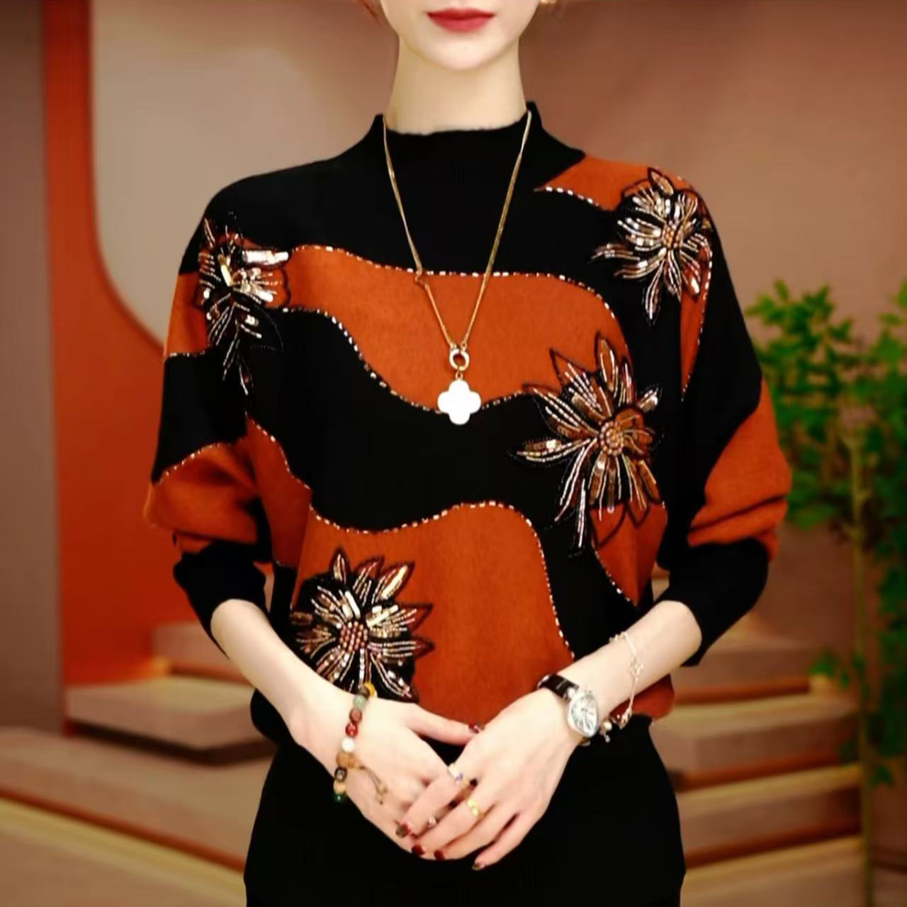 高档时尚洋气百搭上衣女2025秋冬新款宽松显瘦气质长袖针织打底衫