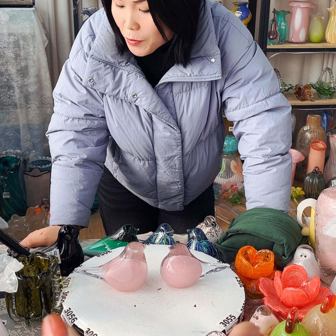 一对粉鸟 家悦琉璃工艺品