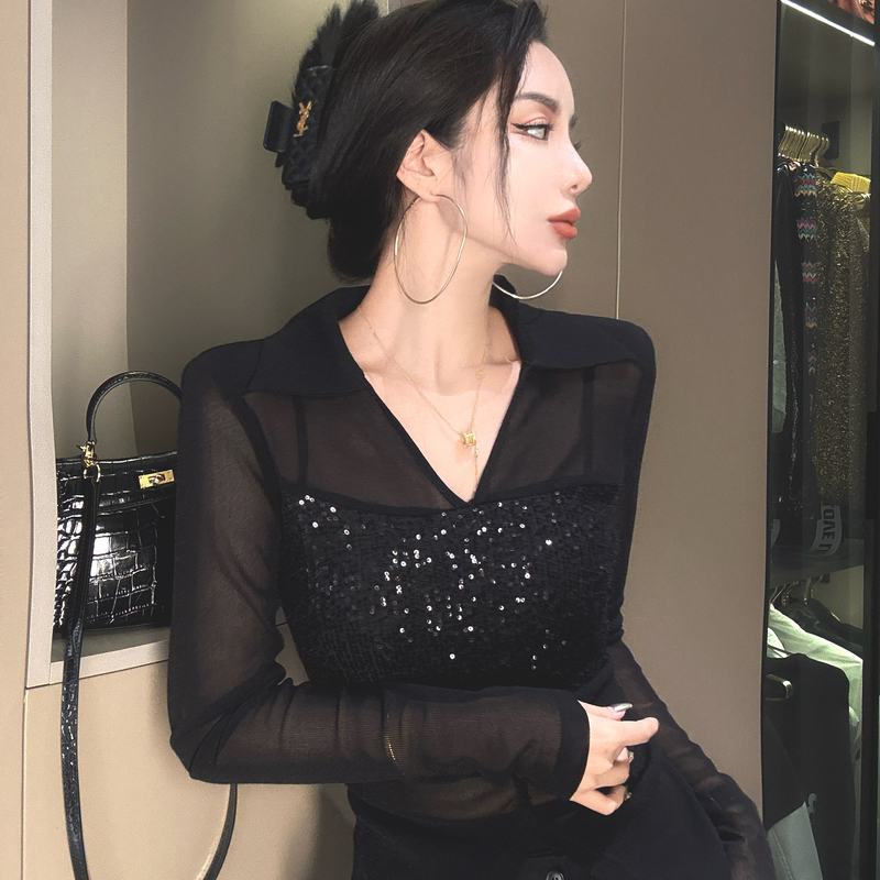 流行时尚女装微透修身显瘦亮片拼接纱网v领长袖上衣女5550