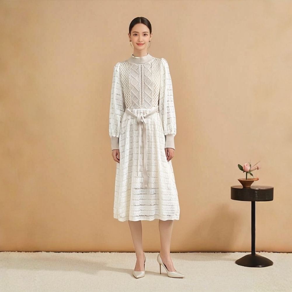 长袖高腰千金风法式秋季连衣裙冬季气质裙子修身时尚秋冬白色