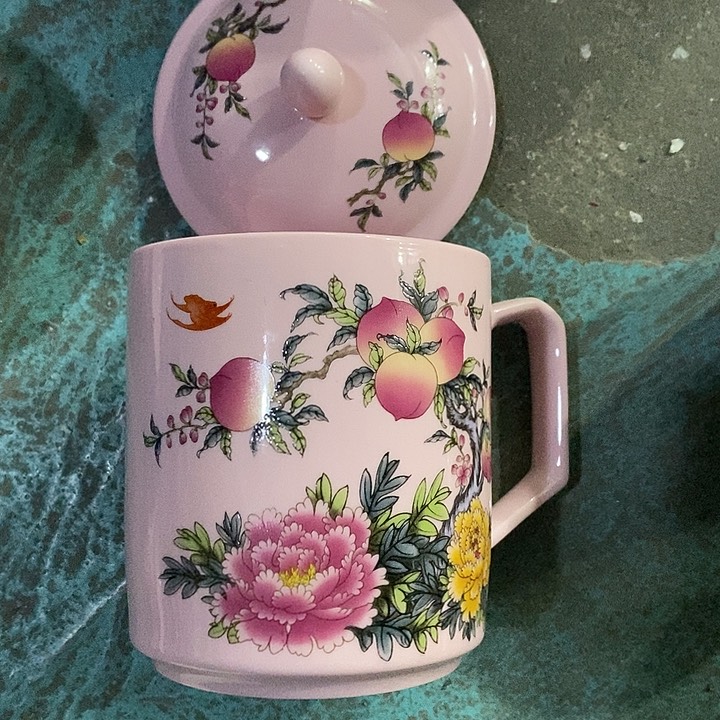 摆件陶红稀土寿桃牡丹办公杯