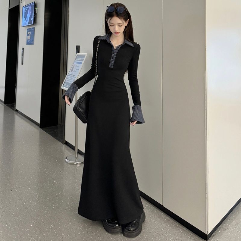 【店铺热销】长袖黑色修身连衣裙针织新款高级显瘦打底气质长裙