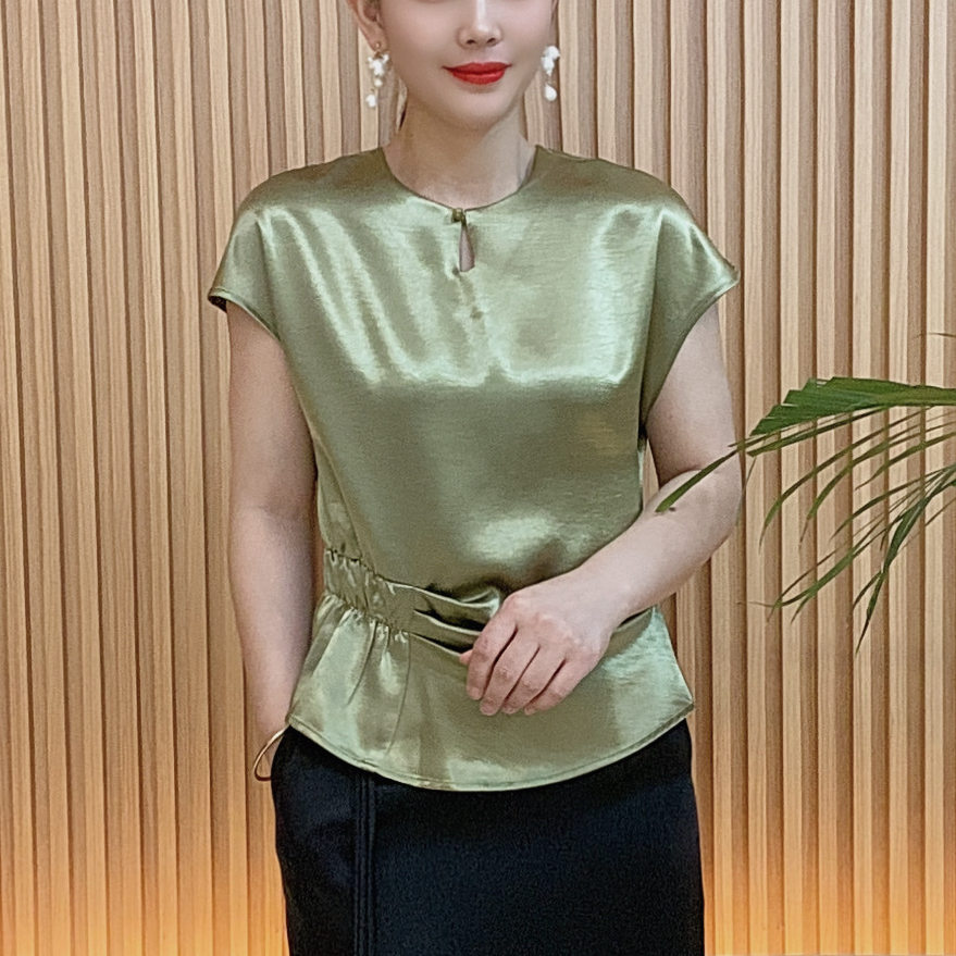 夏季新款洋气减龄气质褶皱小香风短袖T恤纯色网红简约上衣