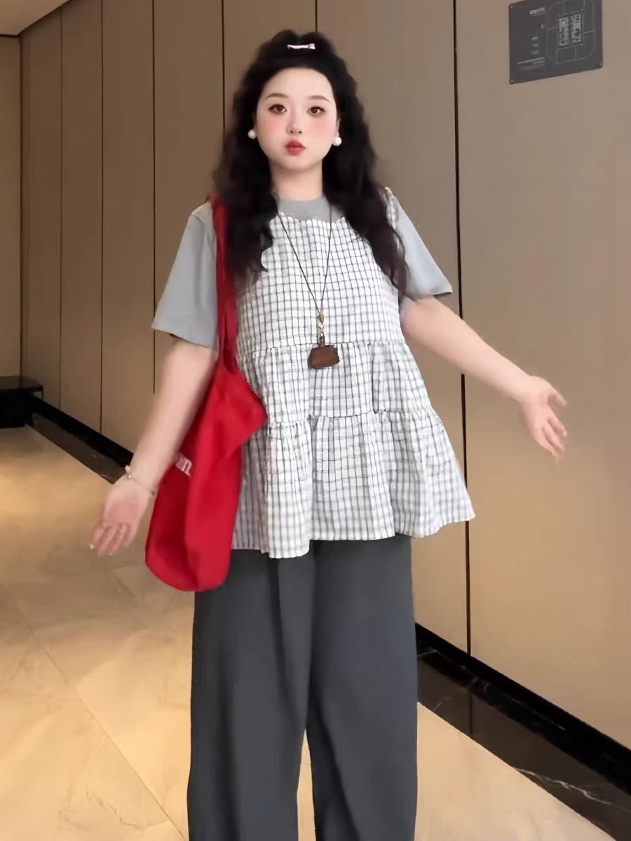 女性大码灰色短袖背心休闲设计感遮肉显瘦三件套