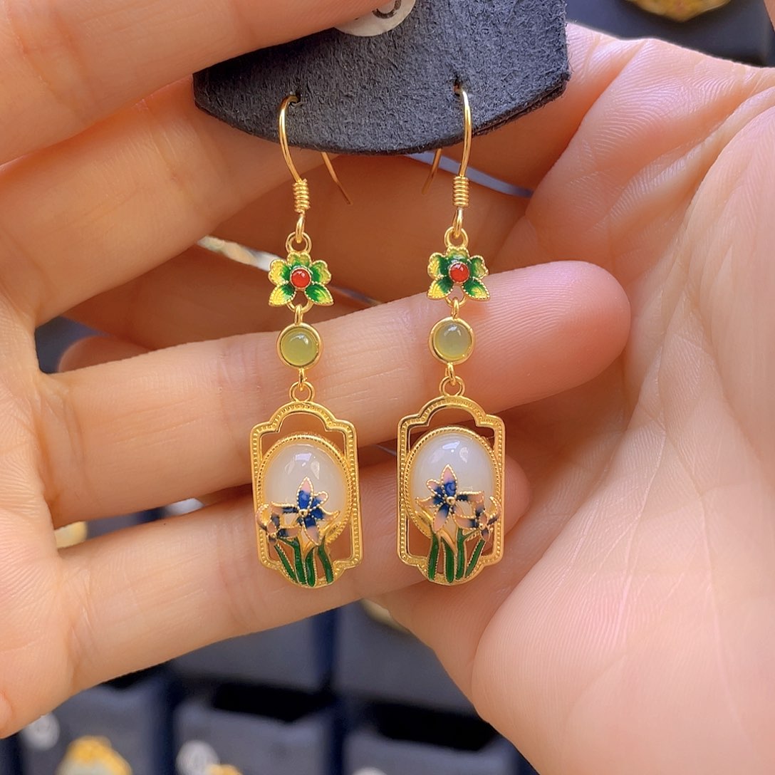 和田玉耳饰银S925镀金镶嵌