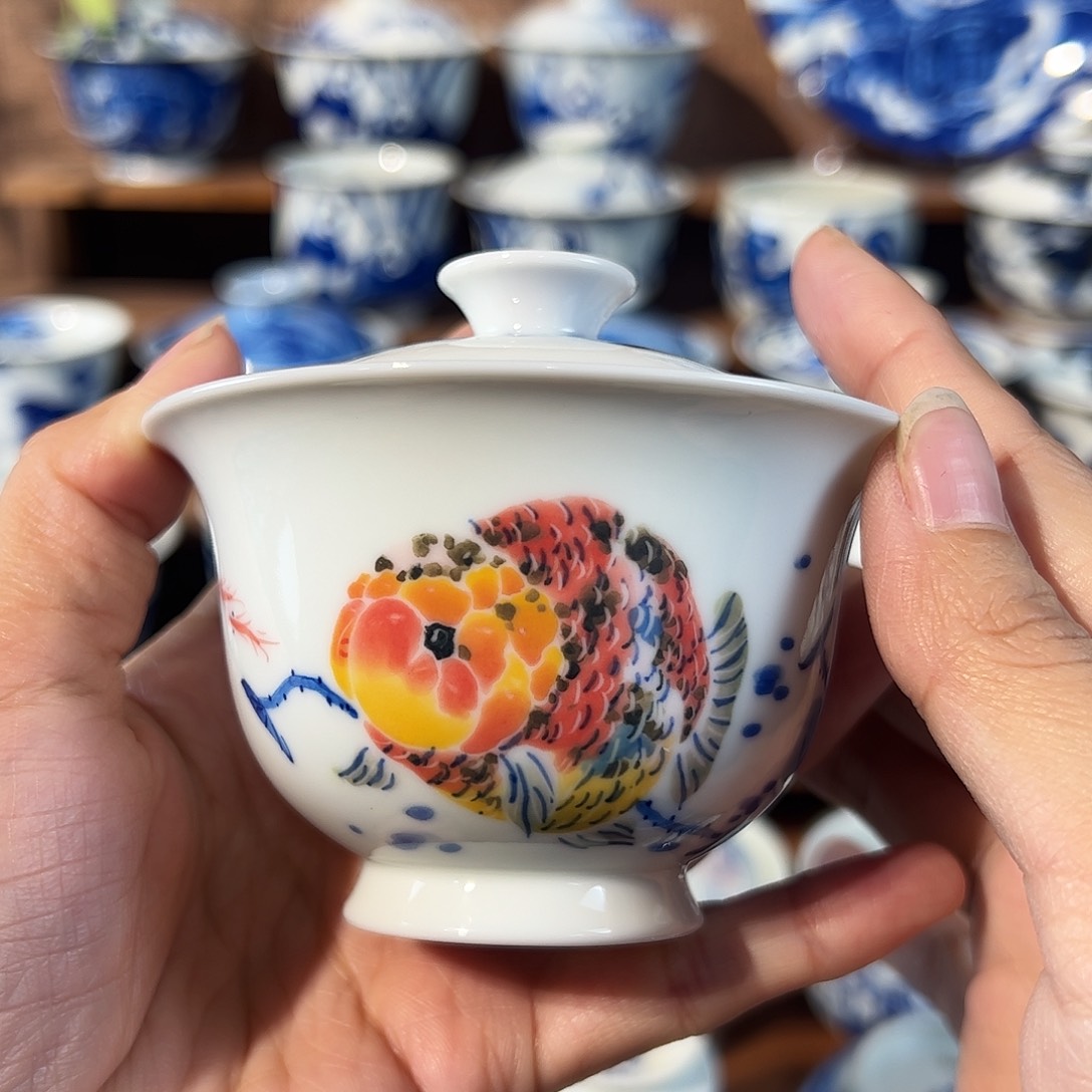 泥藝瓷梦金鱼盖碗