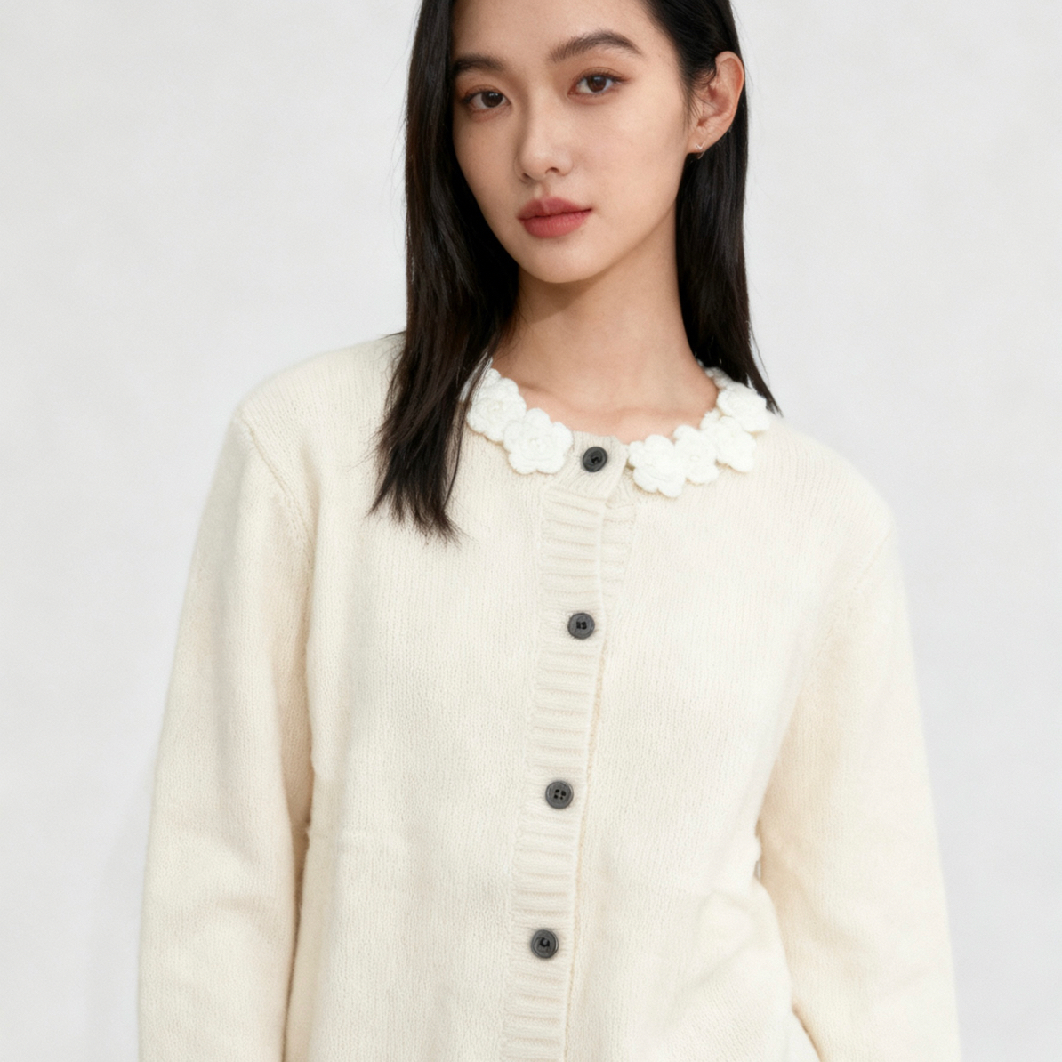 温柔风立体花朵圆领针织开衫女秋冬软糯舒适单排扣设计感毛衣4645