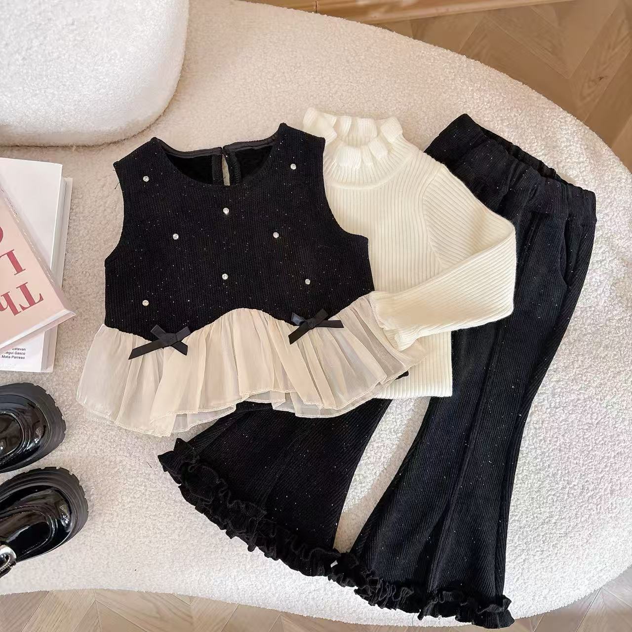 女童套装冬装2025新款儿童洋气衣服女宝宝周岁礼服针织三件套