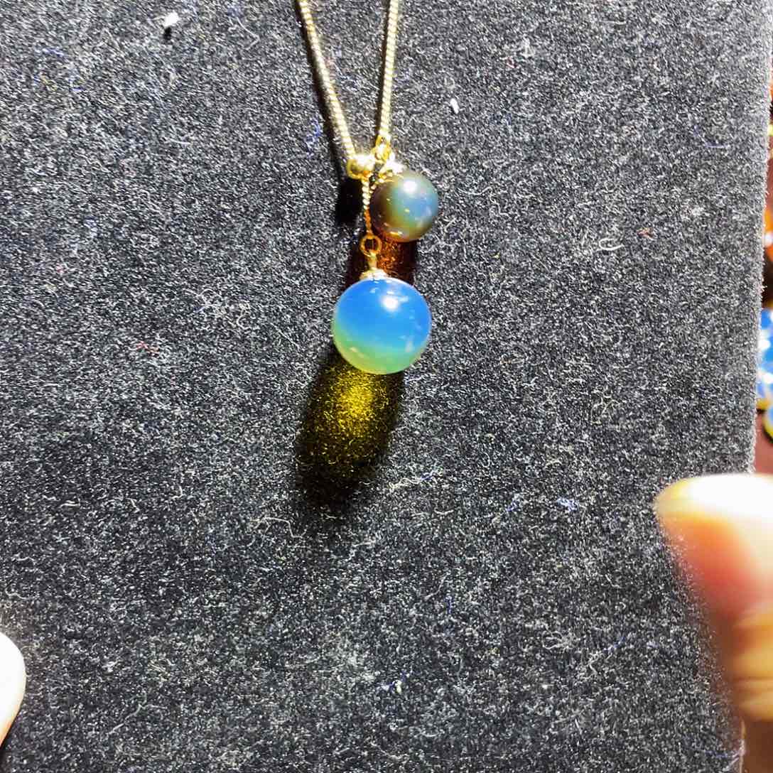 蓝珀裸石银S925镶嵌双珠项链