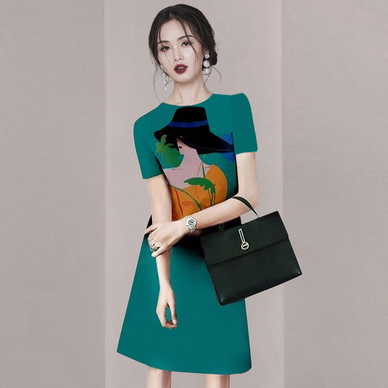 高级感时尚印花连衣裙女夏2025新款短袖气质A字中长裙子