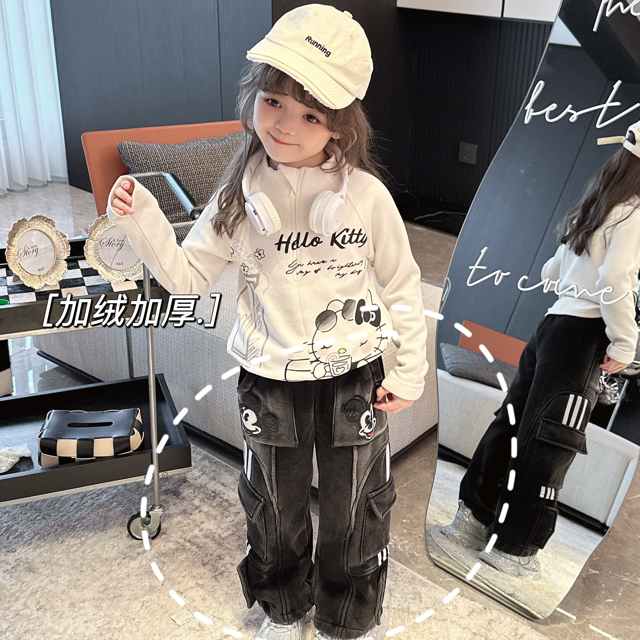 【馒头家】K【现货】加绒加厚米老鼠工装裤女童秋冬甜酷潮流韩版