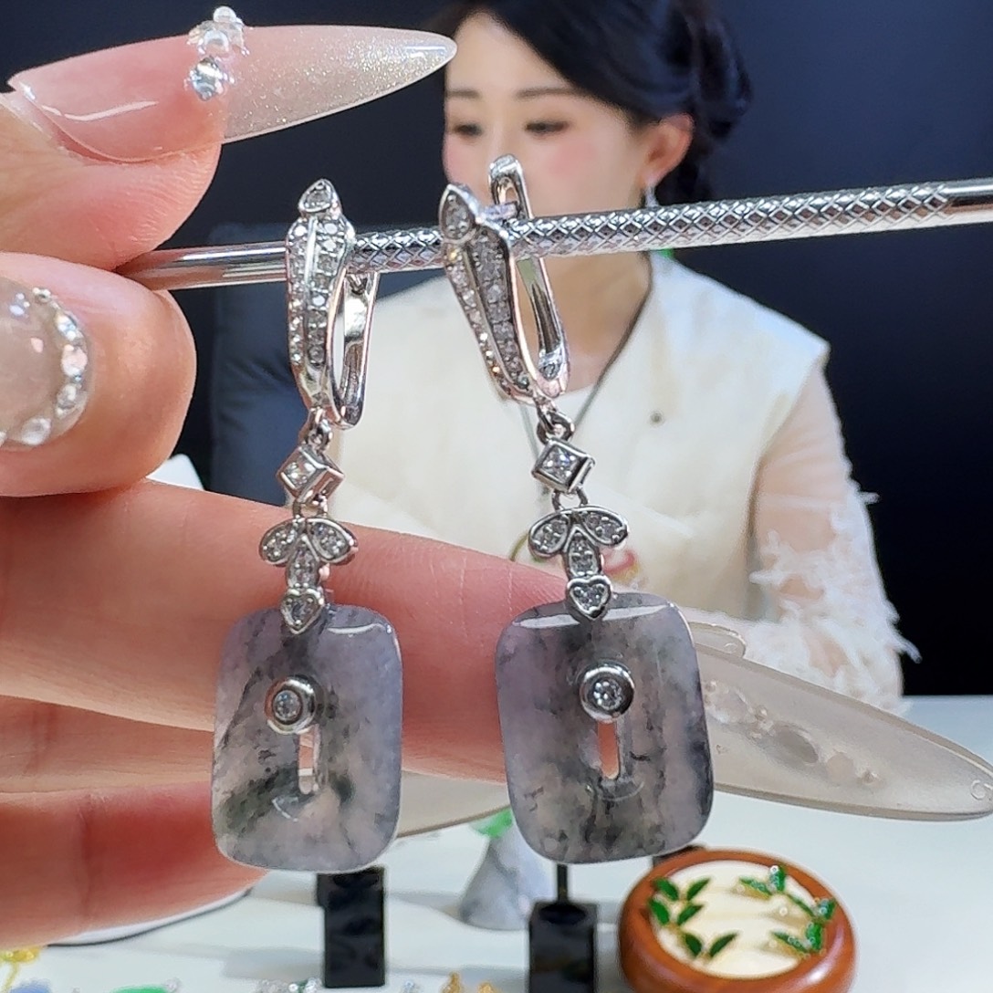 翡翠银S925镶嵌耳饰S925银镶嵌