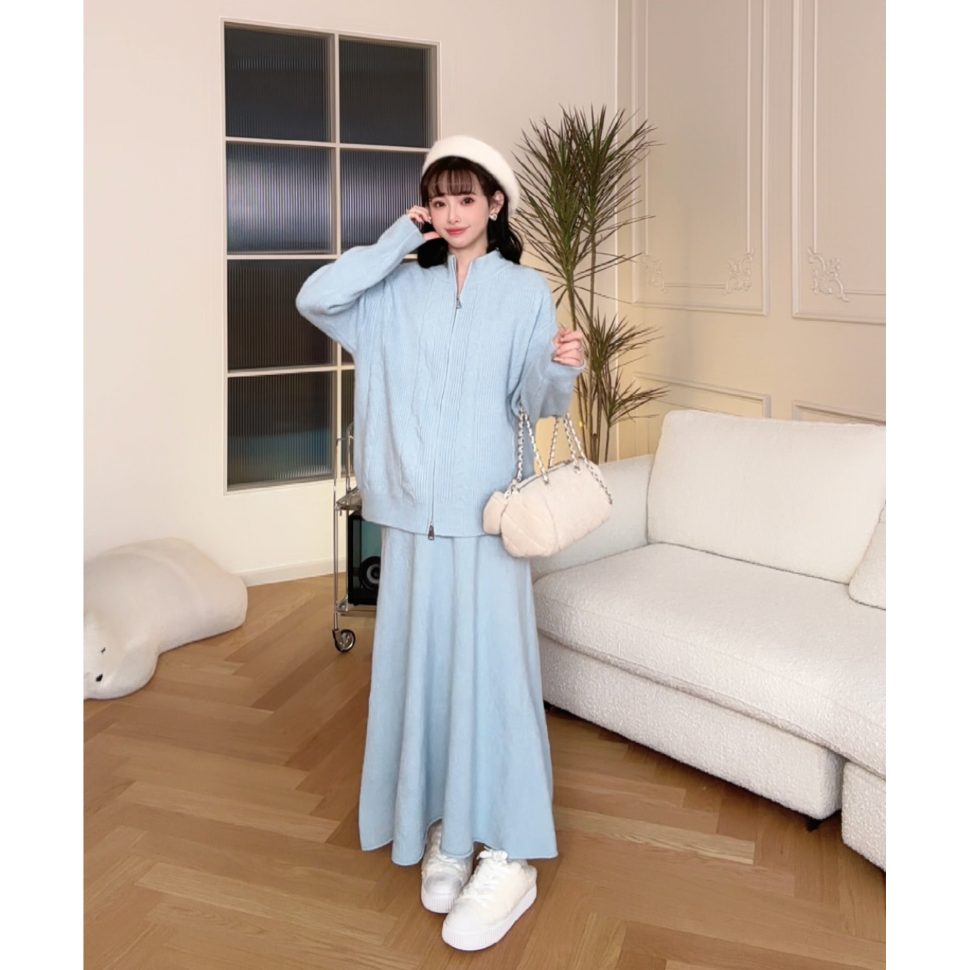 【李易行】新款秋冬加厚针织拉链上衣外套+半身裙套装