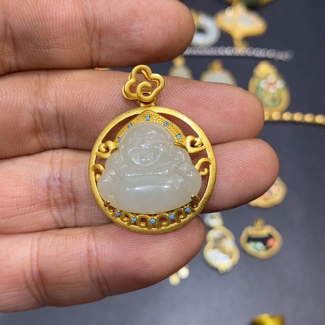 和田玉颈饰银S925镀金镶嵌