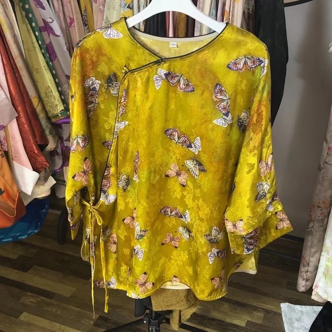 高端香云黄小开衫新中式网红时尚圆领提花斜襟小衫