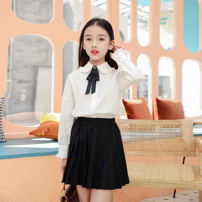 女童衬衫套装2025春秋装中大儿童打底白衬衫JK制服百褶短裙两件套