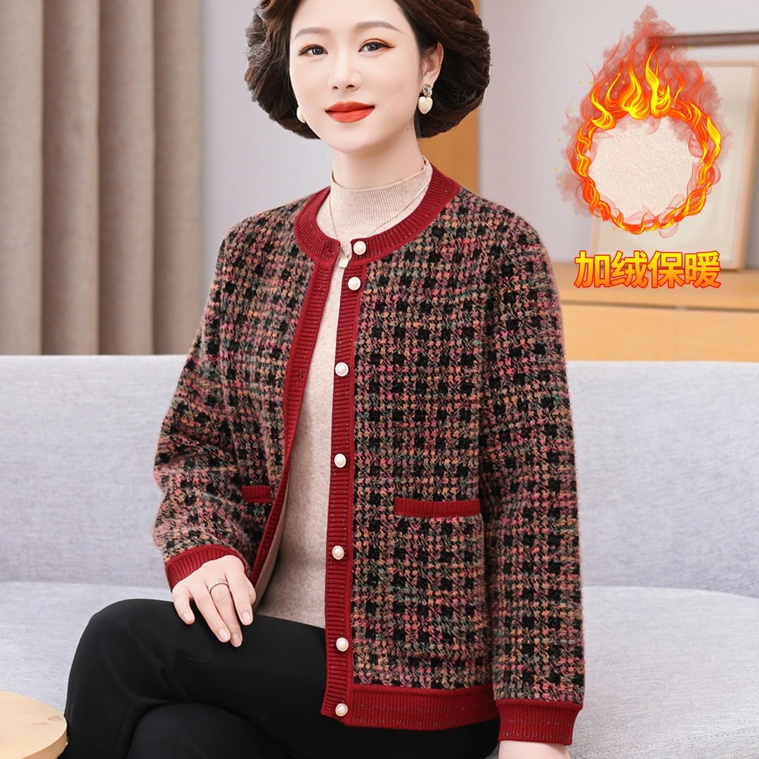 妈妈装秋冬加绒外套洋气小香风中老年人女装冬季加厚保暖母亲衣服