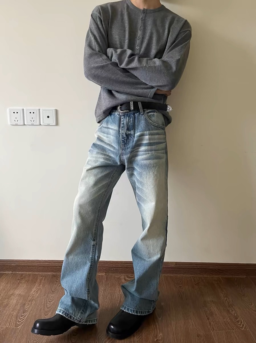 VARON 复古做旧冰蓝奶油猫须646微喇百搭男女长裤牛仔裤