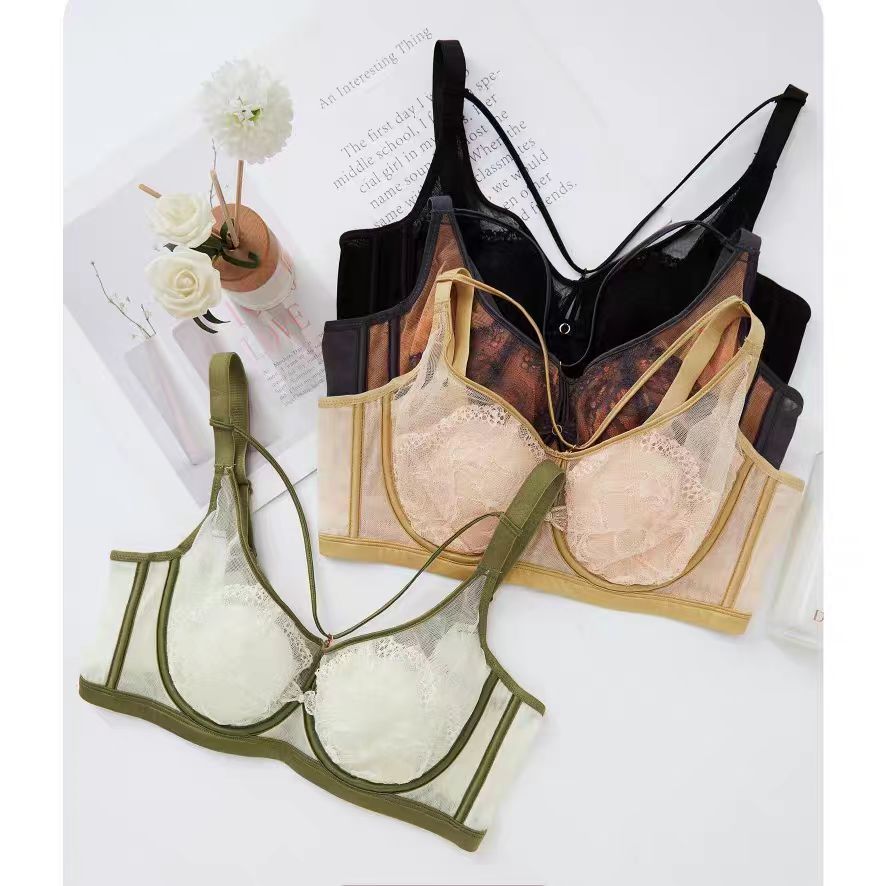 S 撤柜聚拢超薄水晶杯文胸轻薄透气大胸显小性感蕾丝内衣不退换