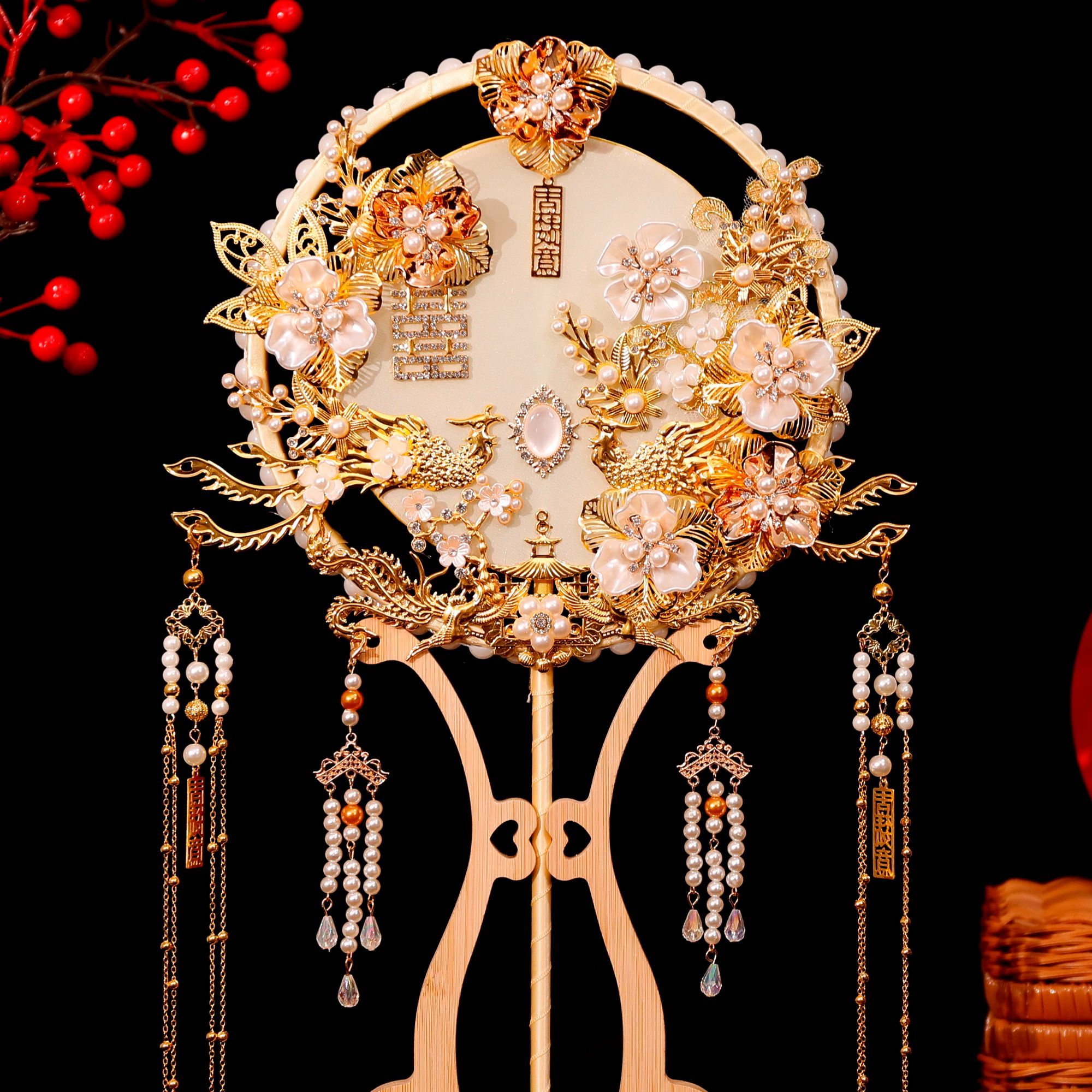 中式手工团扇闺蜜送礼奢华喜扇材料包diy单面金色出嫁遮面礼物