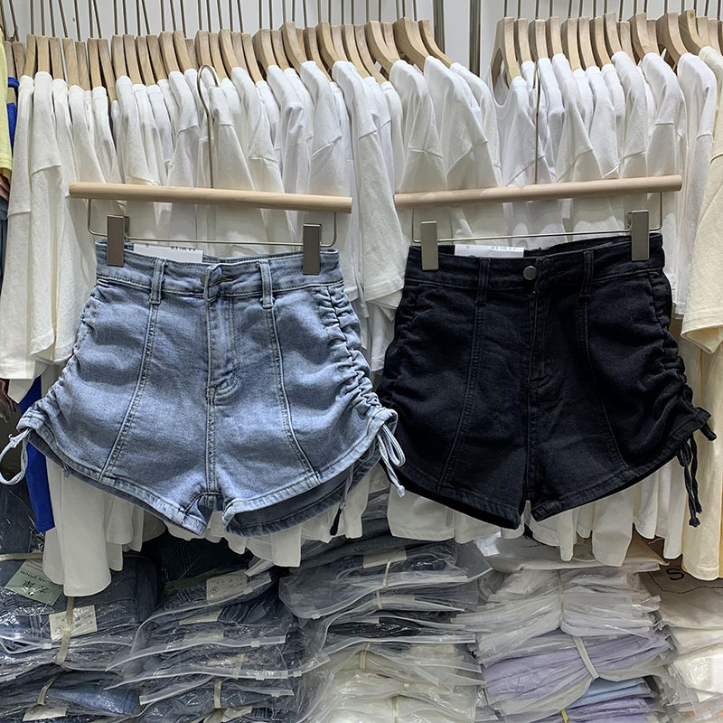 牛仔短裤薄款女夏季弹力抽绳绑带设计感高腰显瘦阔腿a字裤潮