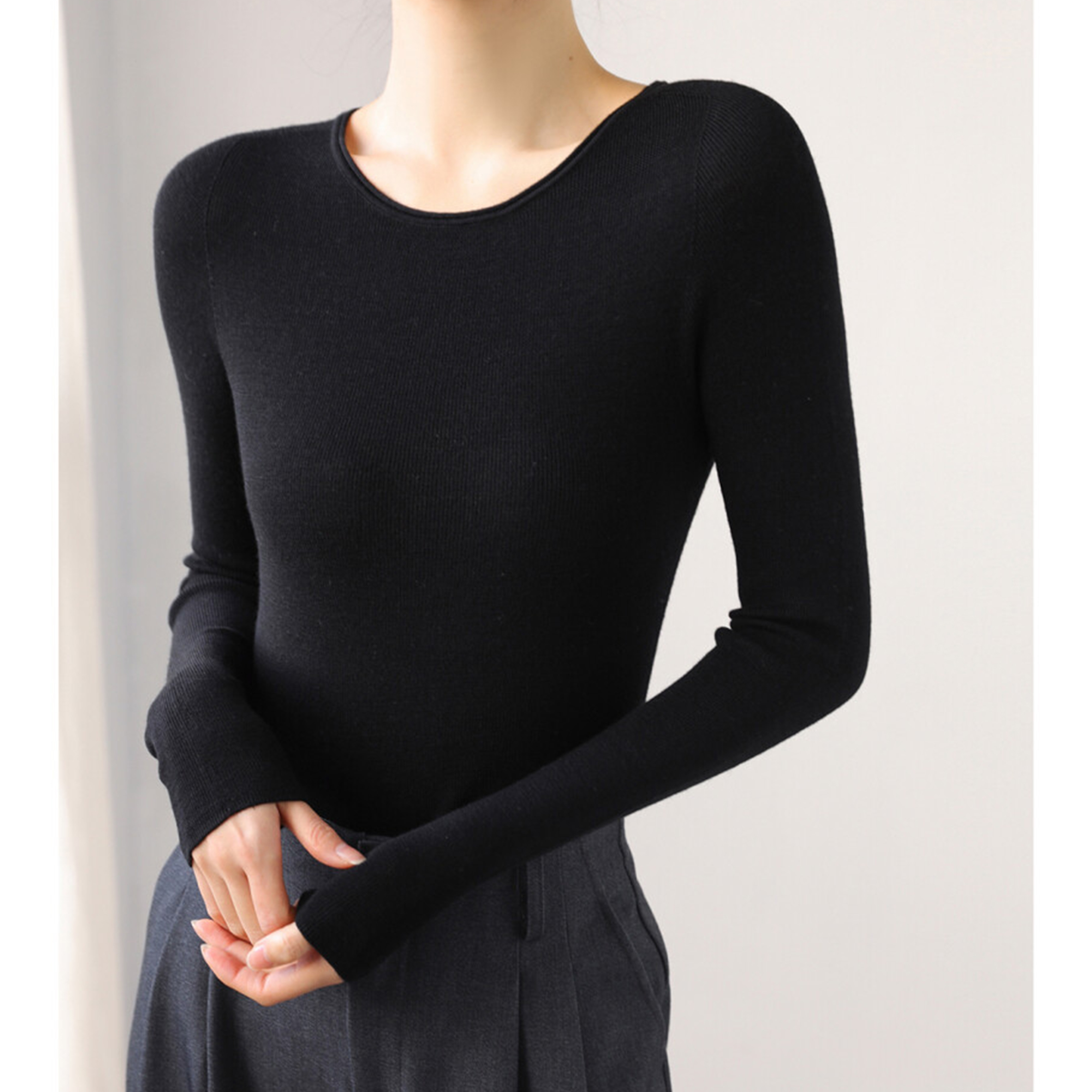 【100%精仿全羊毛】纯色修身长袖圆领打底衫无缝秋冬新款女显瘦百搭
