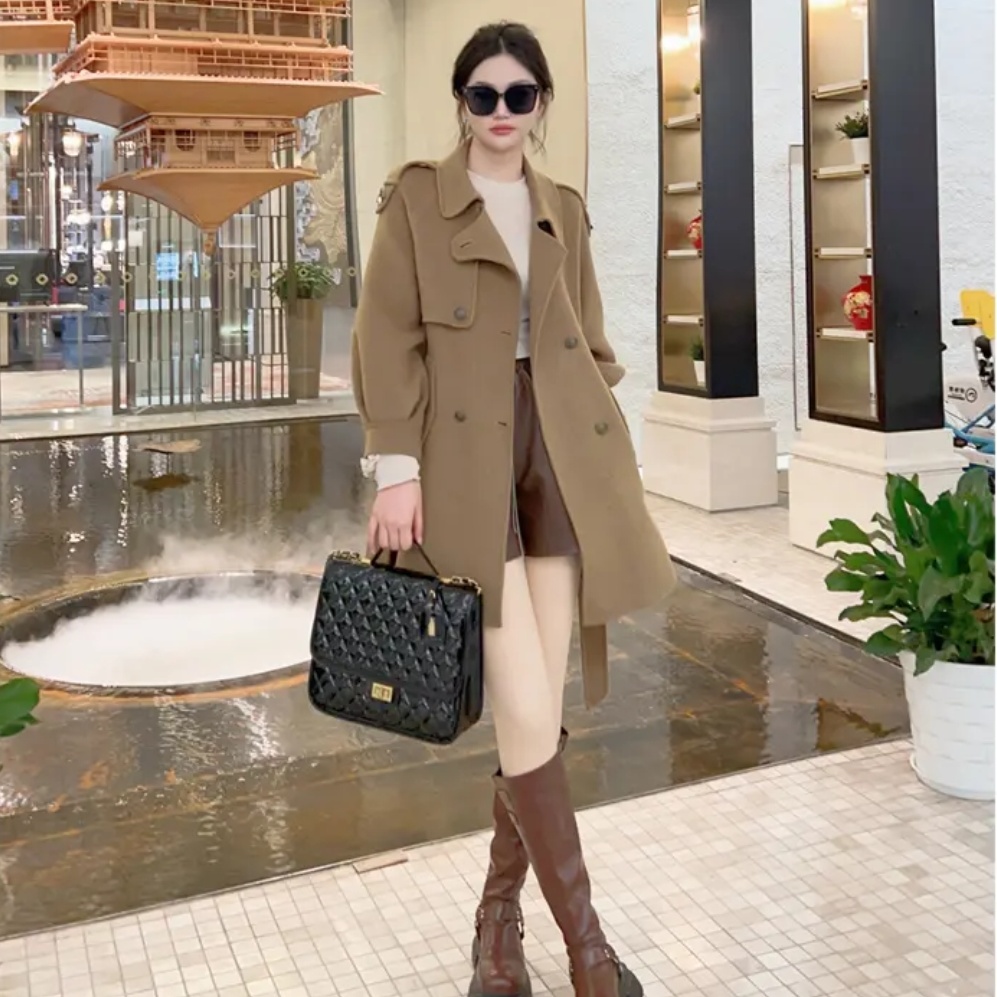 [小蜜蜂.]双面羊毛大衣女中长款外套羊毛外套大衣时尚