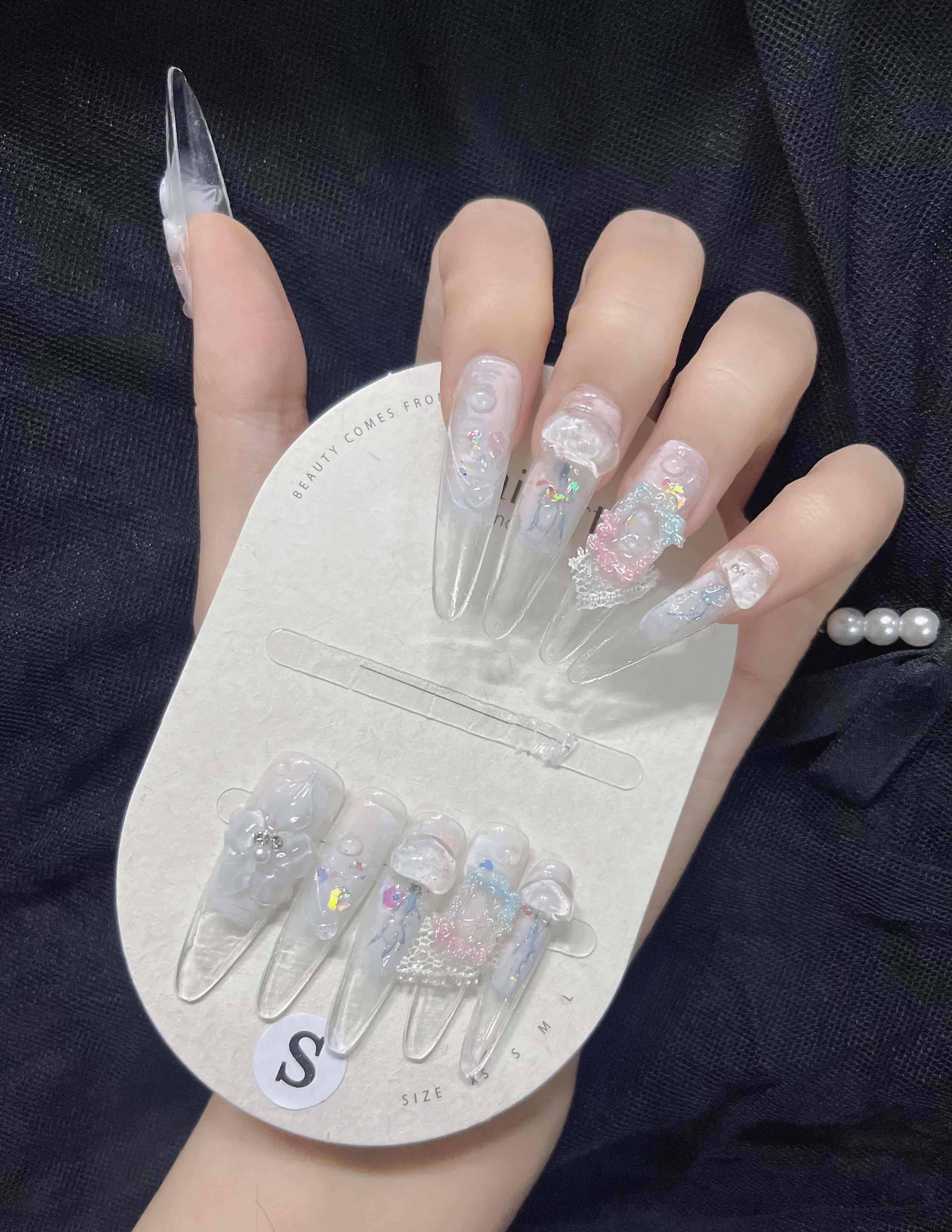 纯手工冰透山茶花穿戴甲片成品可拆卸反复使用直播间扣号链接