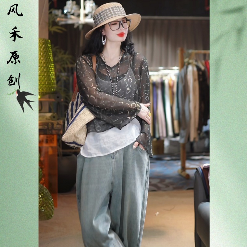 风禾原创【紫雾绫】夏季时尚洋气显瘦气质V领印花乔其纱防晒小衫
