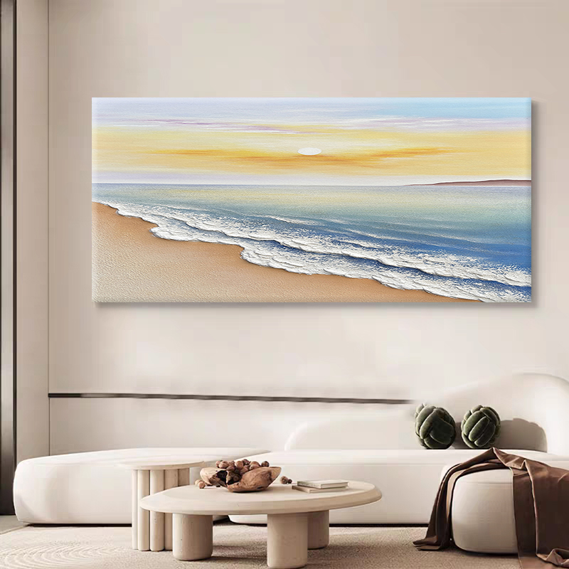手绘油画《蓝曦》横版日出海景客厅沙发背景墙玄关高级感现代装饰画