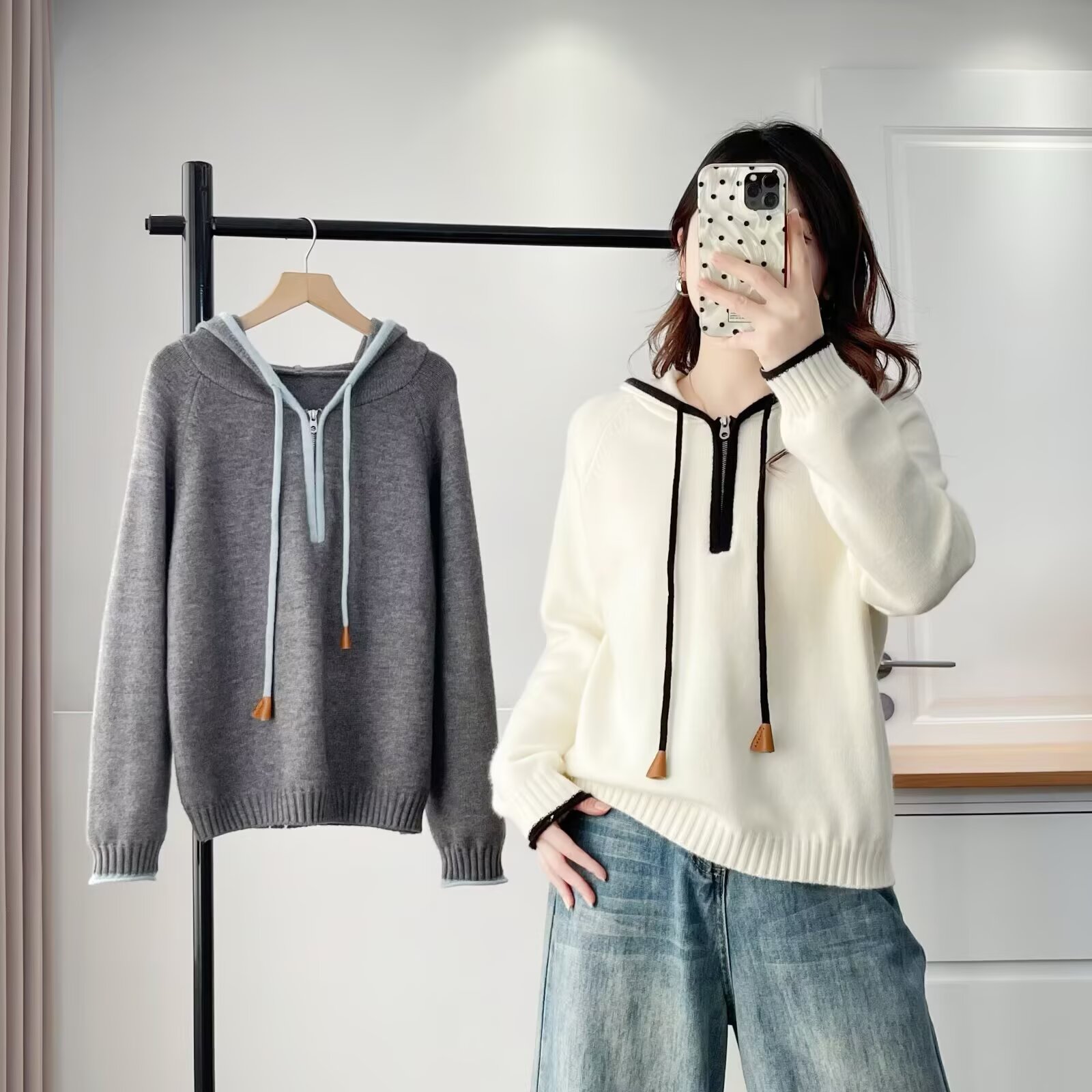 大码女装冬季新款时尚休闲宽松百搭舒适保暖气质连帽毛衣2318