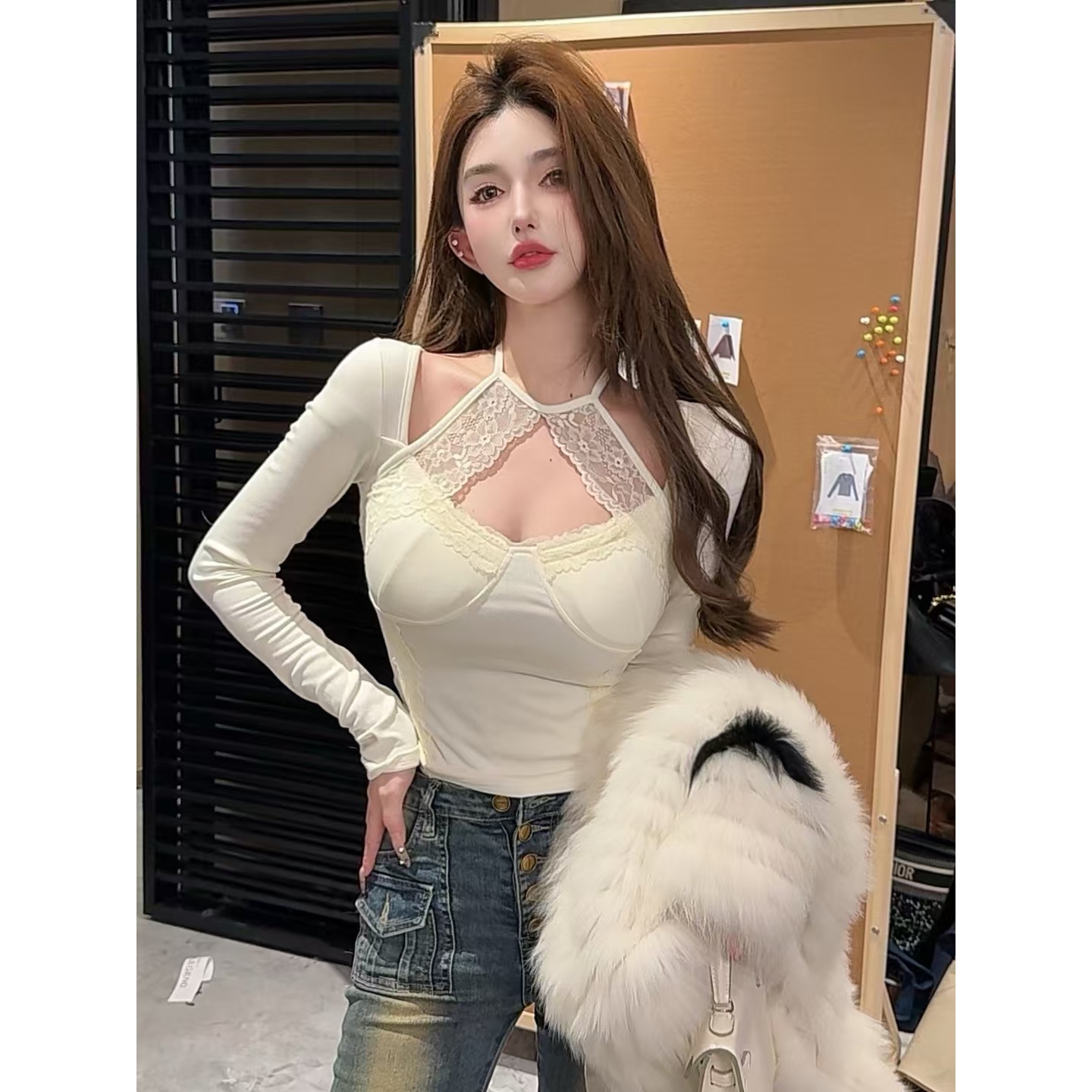 GUIDI GUDI【蕾丝妹妹】气质休闲蕾丝百搭长袖上衣T恤 T9441242H