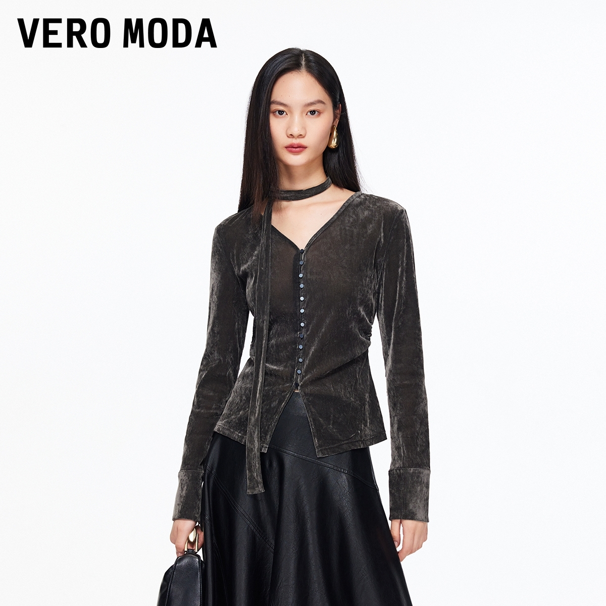 Vero ModaT恤女2025冬季新款腰部抽褶飘带设计显瘦上衣325402005