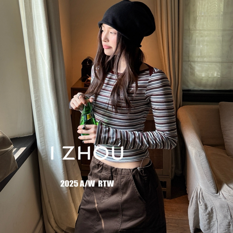 欧货2025秋冬季新款小众复古条纹长袖T恤女士内搭打底衫修身上衣