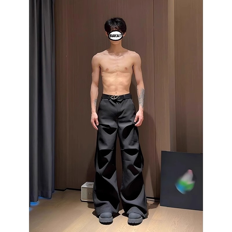 黑色褶皱伞兵微喇西裤男款秋冬季加绒加厚裤子美式cleanfit直筒裤