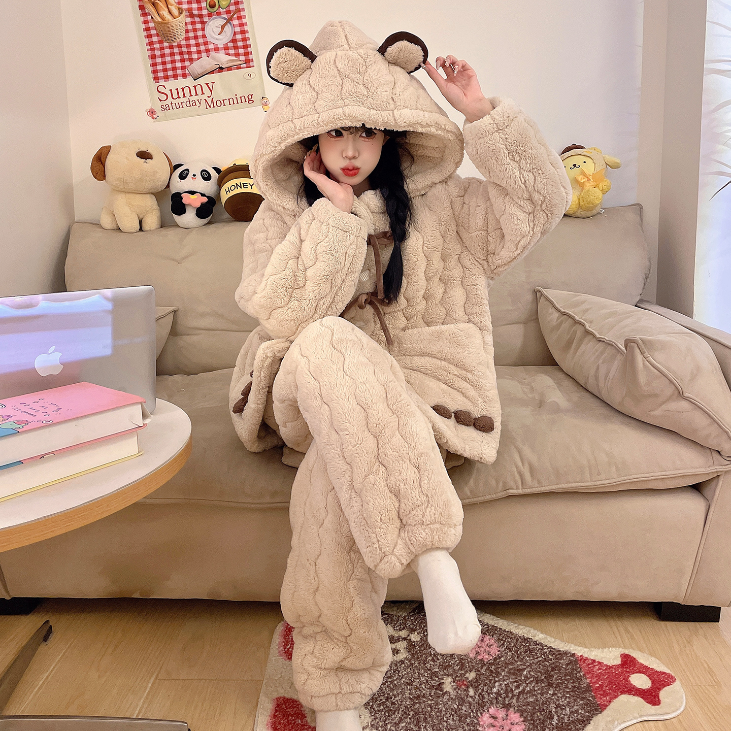 冬睡衣女款爆款2025新款法兰绒珊瑚绒三层夹棉加厚加绒家居服套装