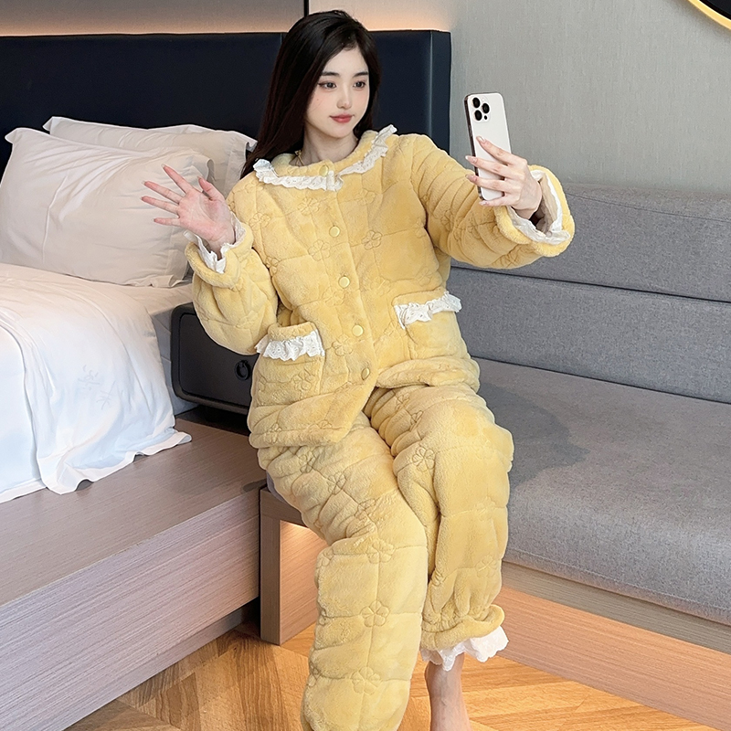 庆同特厚款加厚三层夹棉睡衣女士冬季甜美小香风珊瑚绒保暖家居服