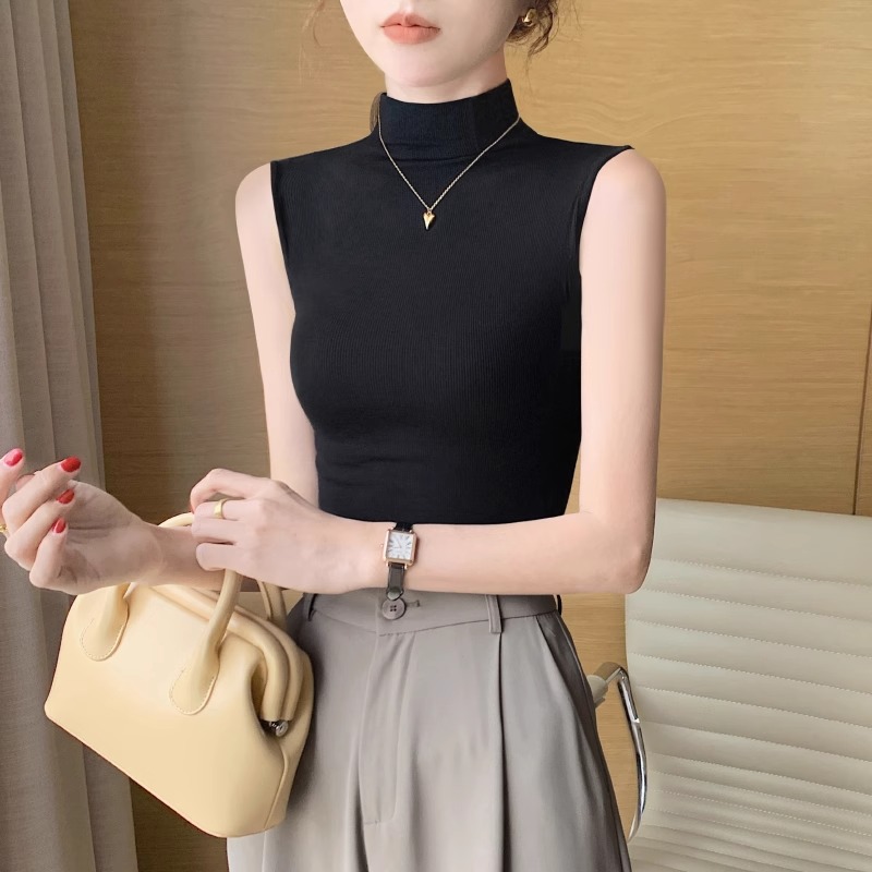 黑色螺纹针织无袖半高领背心女夏春秋2025新款打底衫内搭坎肩上衣