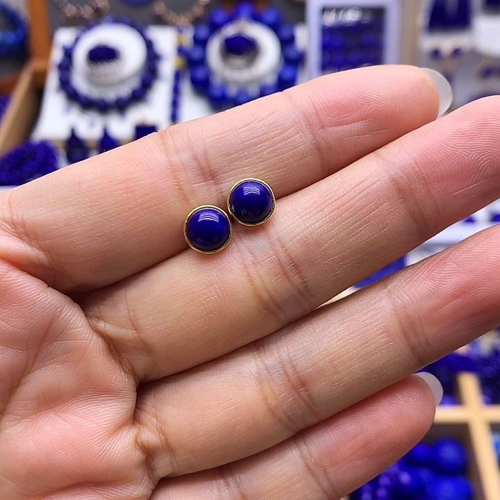 青金石银S925镀金镶嵌耳钉