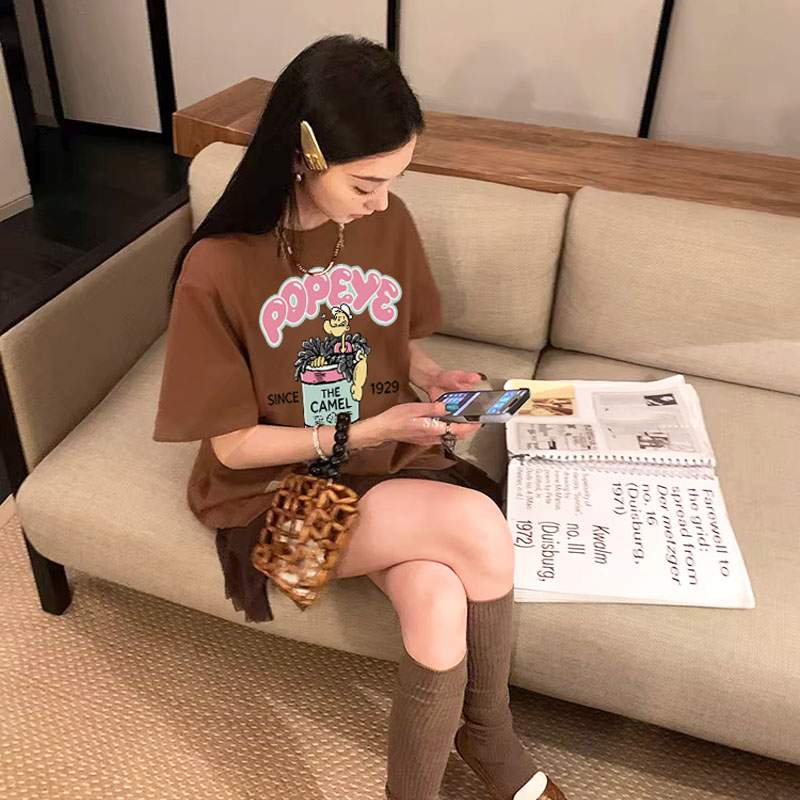 大力水手新款宽松洋气女装上衣纯棉短袖T恤夏季潮牌白色女款半袖