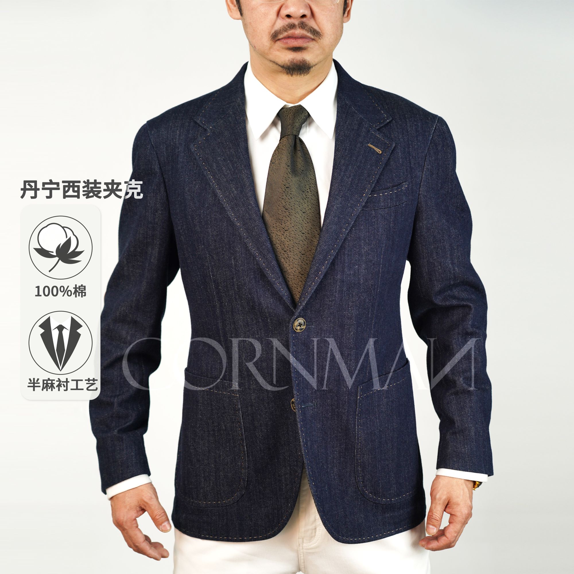 【丹宁牛仔西装夹克上衣】男士英伦半麻衬修身休闲时尚高端西服蓝色