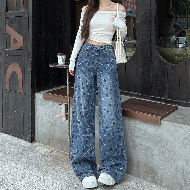 印花窄版高腰阔腿牛仔裤女2025秋季新款时尚显瘦宽松百搭直筒裤