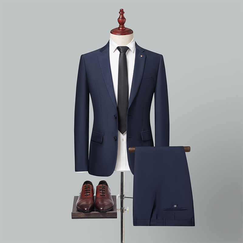 春秋男士藏蓝色西服套装两件套商务休闲不起球纯色上班修身婚礼