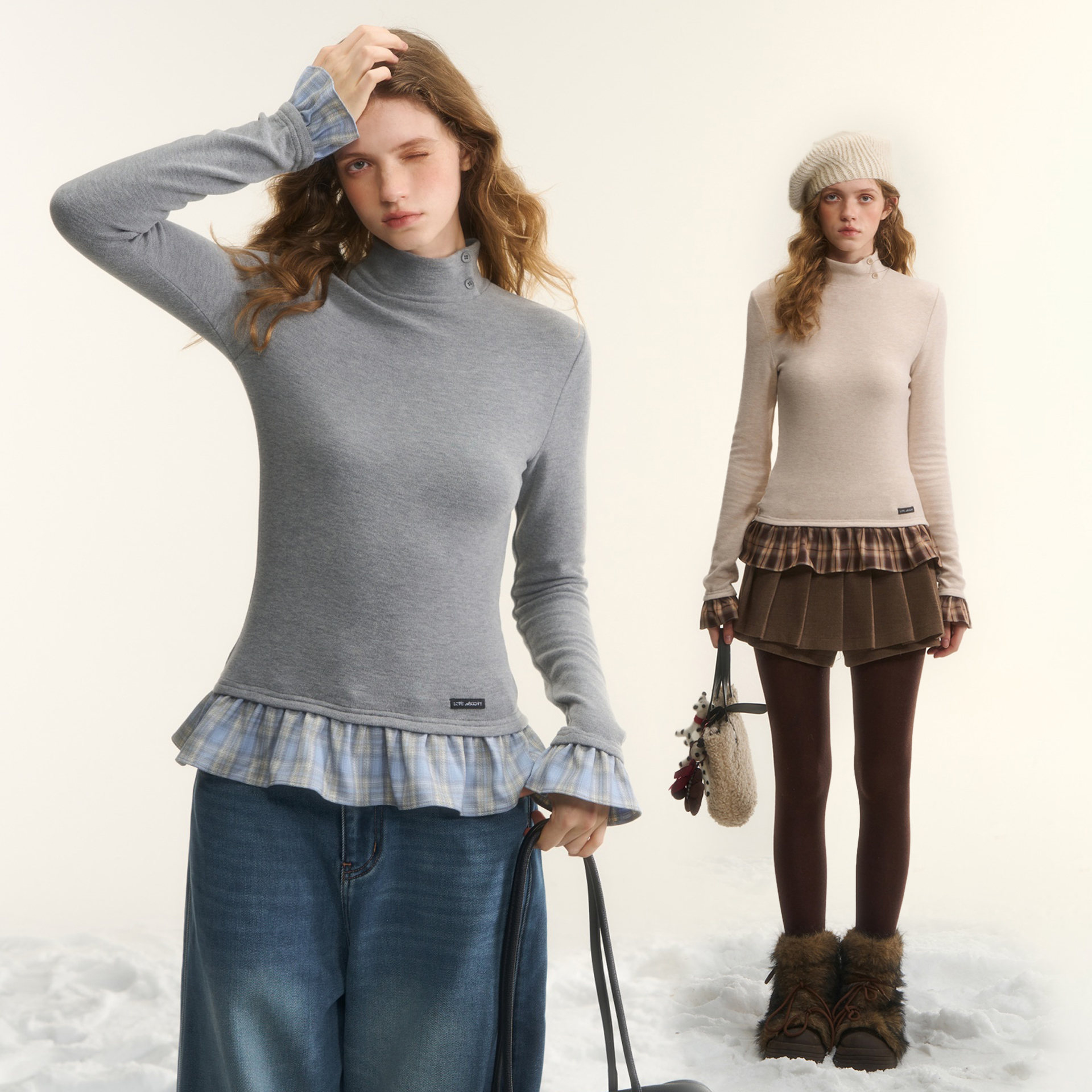 AsGony 德绒立领格子拼接修身打底