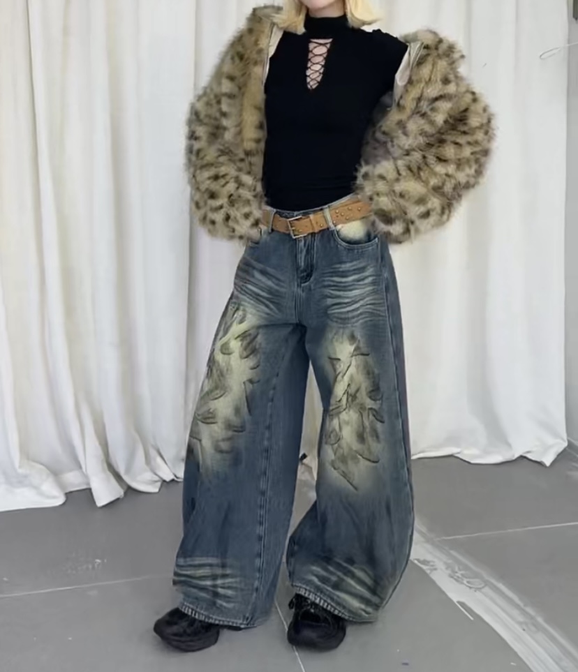 加厚加绒长裤女弯刀裤子中腰阔腿牛仔裤扎染街头风