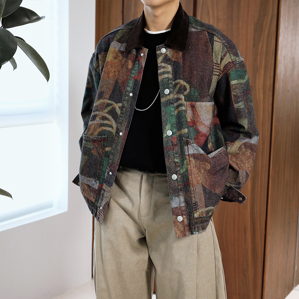 Extfine秋冬设计感艺术家油画提花彩印拼领夹克外套男宽松高级感