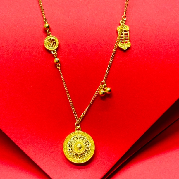 黄金足金999古法八宝罗盘小算盘福字项链