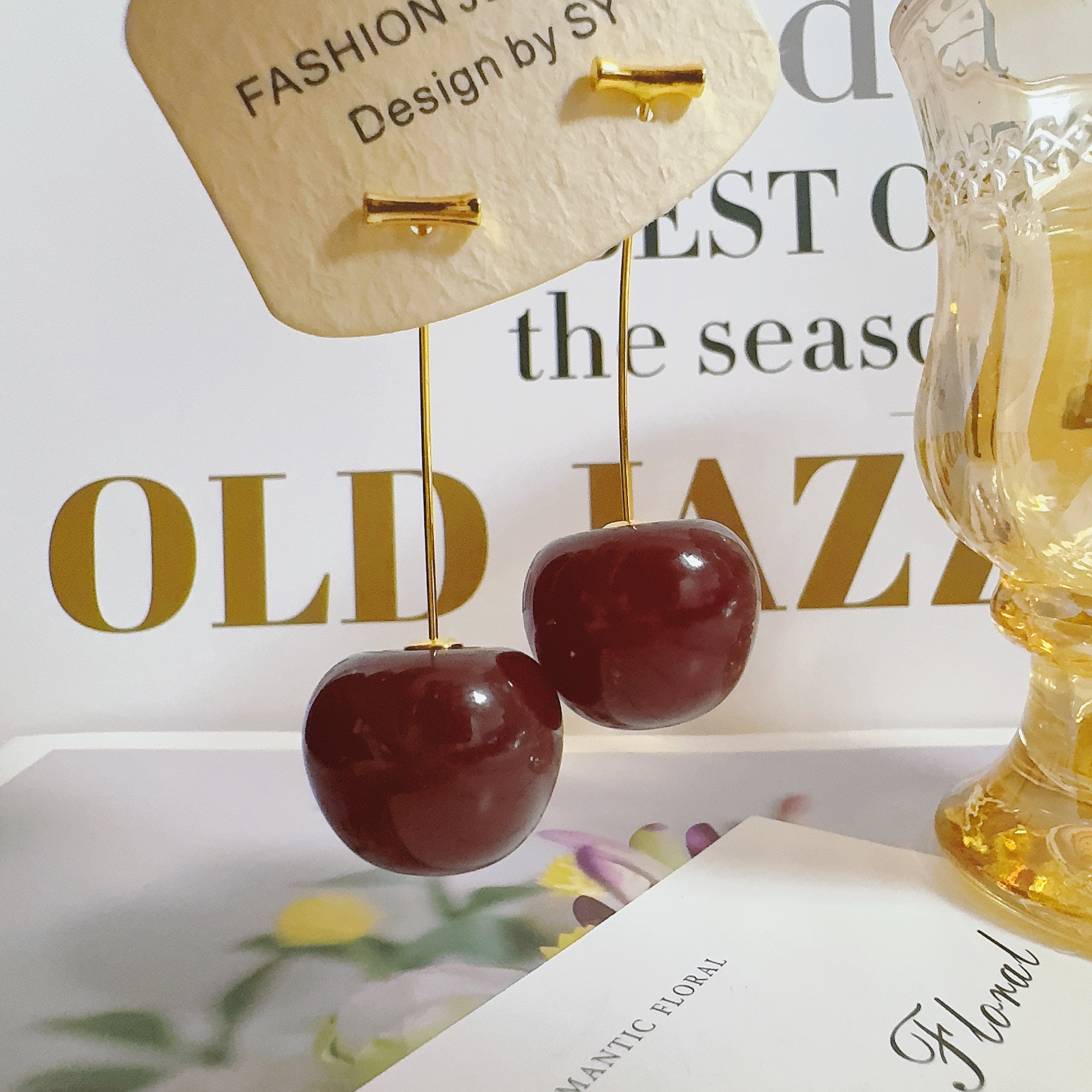 铜合金亚克力耳饰 1175 车厘子色樱桃耳钉