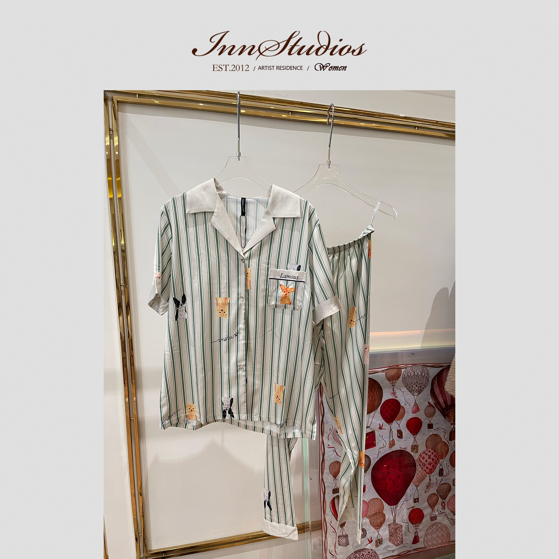 Innstudios 狗狗条纹短袖长裤睡衣套装