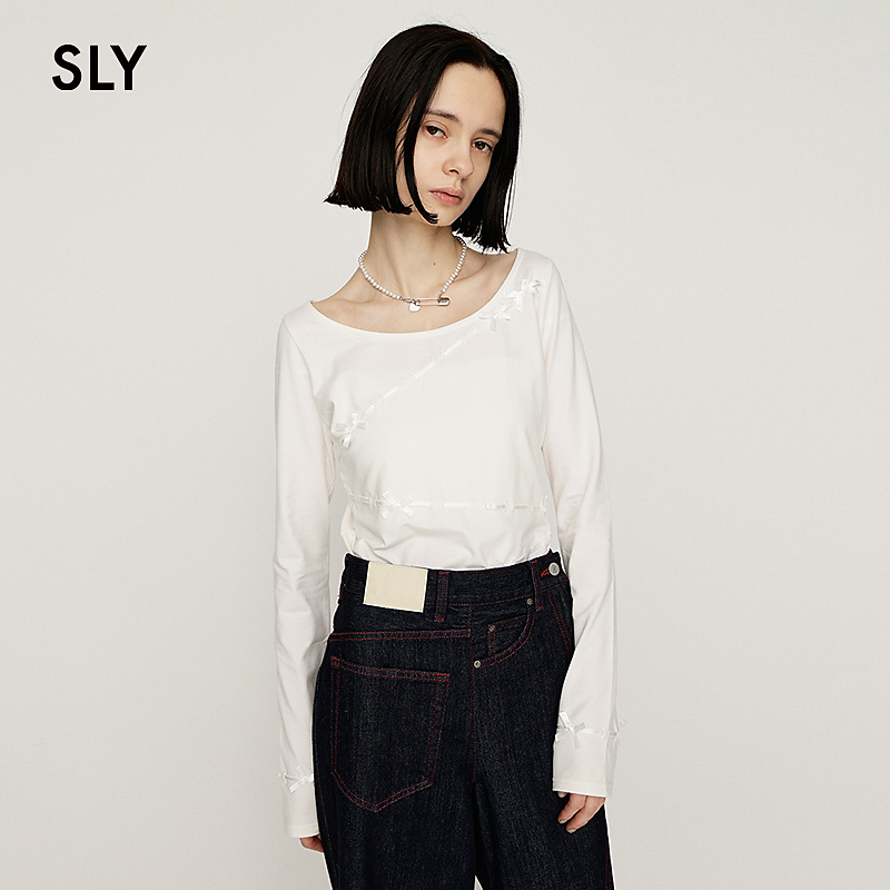 2025冬季温柔风不对称蝴蝶结拼接长袖T恤女030IAZ80-3251